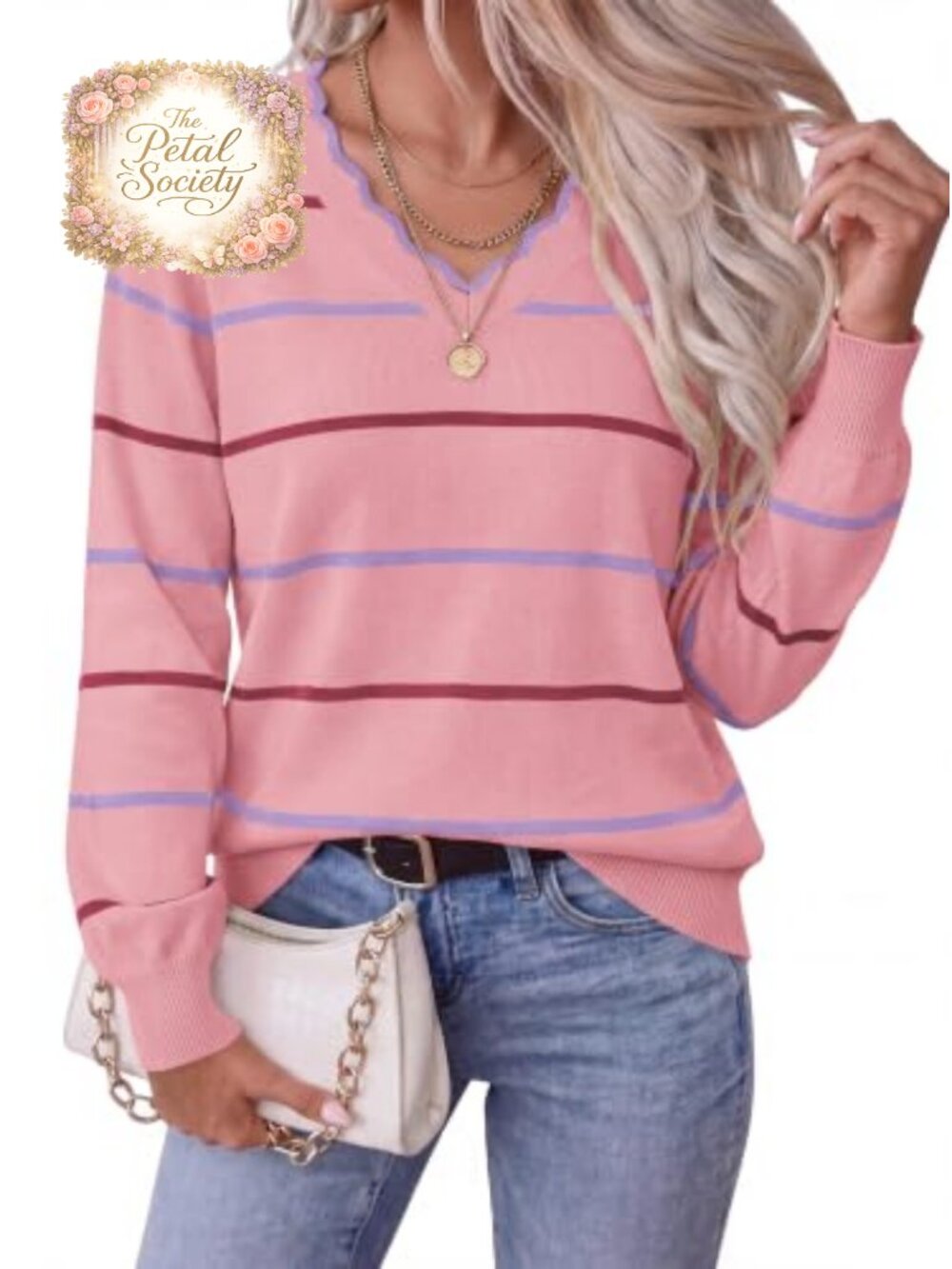 Striped Long Sleeve Pullover Sweater Scalloped V Neck Soft Knit